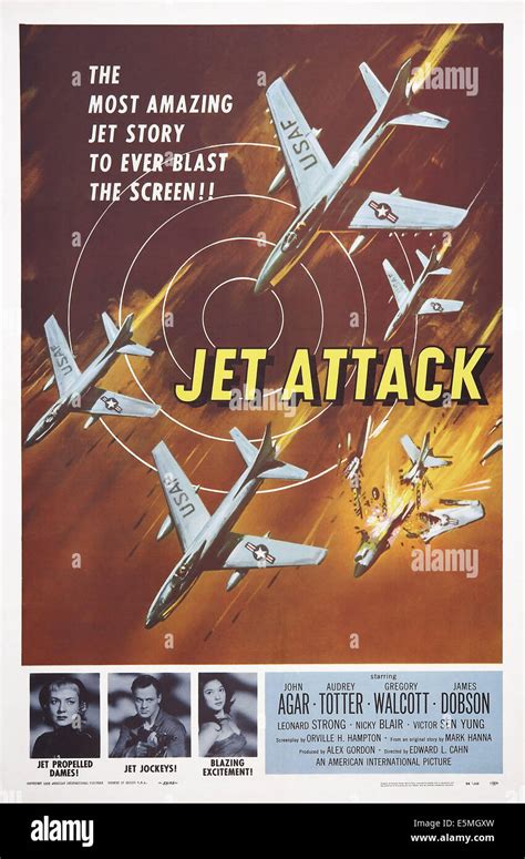 JET ATTACK, bottom l-r: Audrey Totter, John Agar, Stella Lynn on poster ...