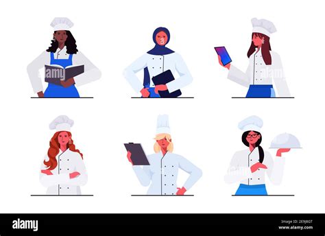 Set Female Cooks In Uniform Beautiful Women Chefs Cooking Food Industry