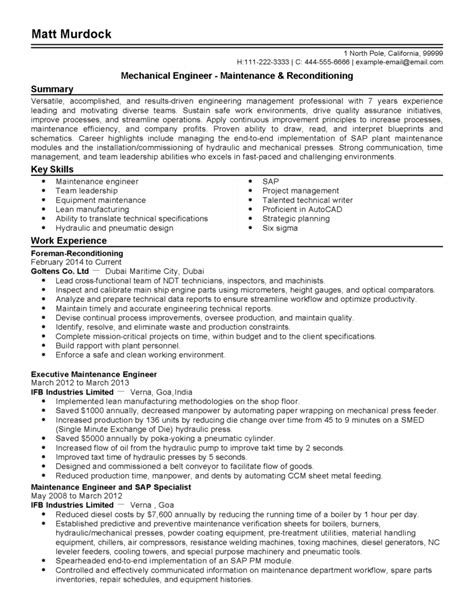 Maintenance Engineer Resume Example MyPerfectResume