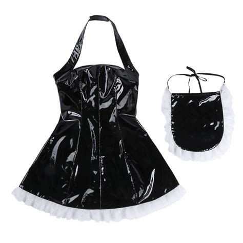 Sissy Dress Sexy French Maid Uniform Cosplay Costume Wet Look