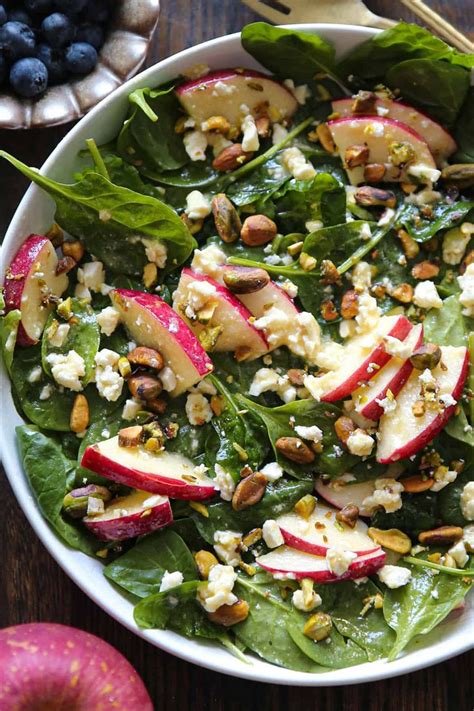 Apple Spinach Salad With Feta Pistachios Honey Mustard Lemon Dressing