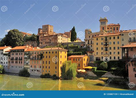 Tourist Town Of Bassano Del Grappa In Italy With Brenta River Stock