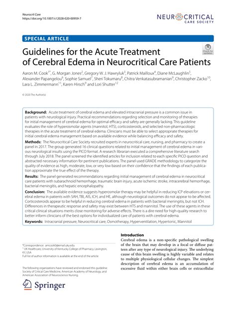 Pdf Guidelines For The Acute Treatment Of Cerebral Edema In Neurocritical Care Patients