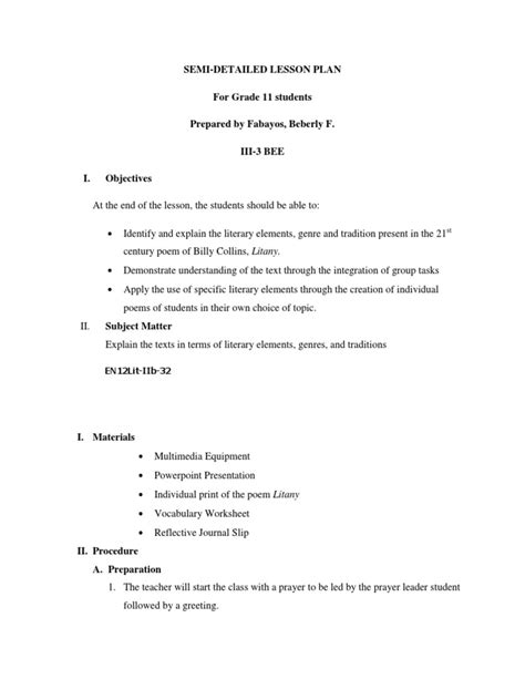 Semi Detailed Lesson Plan For Grade 11 S Poetry Lesson Plan