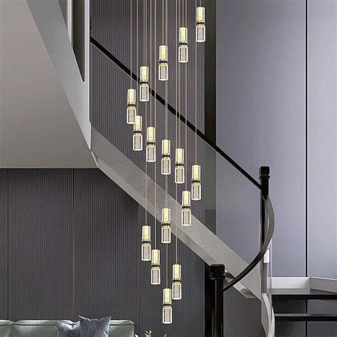 Led Chandelier Lightmetal Crystal Staircase Rotating Long Chandelier