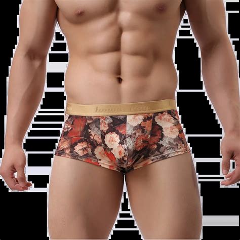 Brand Ice Silk Mens Underwear Boxers Sexy Printed Floral Penis Pouch Bulge Male Panties For Man