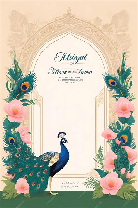 Wedding invitation frame features a peacock and floral leaves in a ...