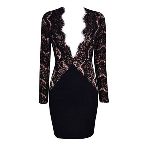 Black Deep V Neck Lace Bodycon Dressdisheefashion Bodycon Dress Black Lace Cocktail Dress