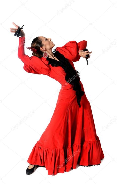 Young Spanish Woman Dancing Flamenco With Castanets In Her Hands Stock