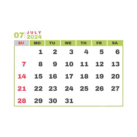 Dise O De Calendario Mensual De Julio De Vector Png Dibujos Julio