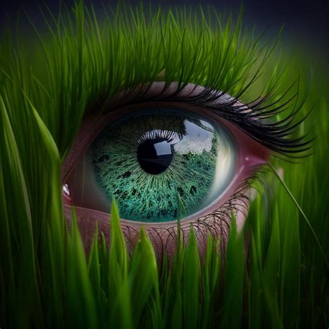 Premium Photo | Human eye among green grass, grass on eyelashes ...