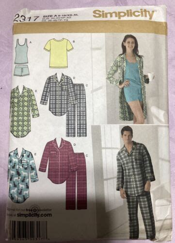 Simplicity 2317 Sewing Pattern Sz 8 18 Xs Xl Pjs Pajamas Nightshirt