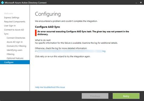 Azure AD Connect An Error Occurred Executing Configure AAD Sync Task