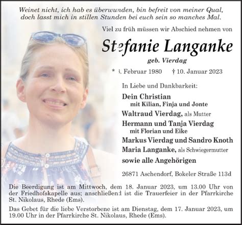 Traueranzeigen Von Stefanie Langanke Noz Trauerportal