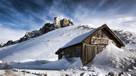 Rocks Dolomites Mountains Winter House Italy Mountains Grass