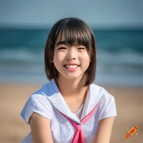 Portrait Of A Cute Japanese Girl On The Beach