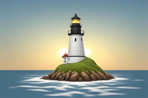 Premium Photo A Cartoon Of A Lighthouse On A Rock With The Sun