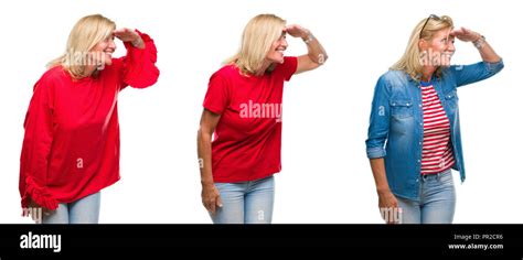 Collage Of Beautiful Middle Age Blonde Woman Over White Isolated Backgroud Very Happy And