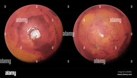 planet mars  polar caps   red planet isolated  black