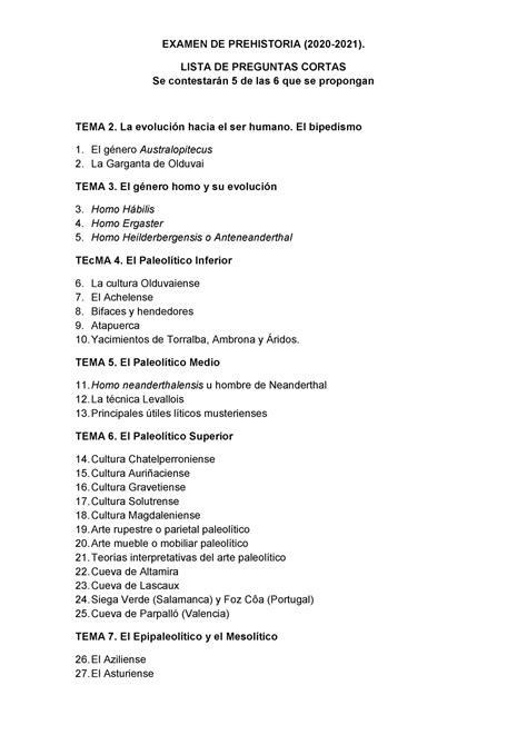 Examen Prehistoria 2020 EXAMEN DE PREHISTORIA 2020 2021 LISTA DE