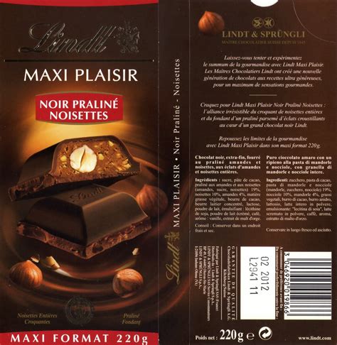 Tablette De Chocolat Noir Gourmand Lindt Maxi Plaisir Pralin Noisettes