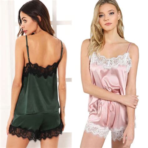 Women Two Pieces Pajama Sets Sexy Lace Satin Lingerie Smooth Silk Like