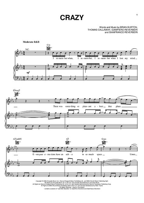 Buy Crazy Sheet Music By Gnarls Barkley For Piano Vocal Chords