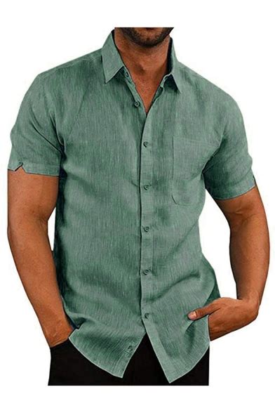 Mens Plain Short Sleeve Button Down Pocket Front Linen Cotton Shirt