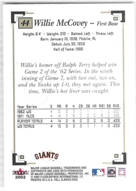 Carte Baseball Willie Mccovey San Francisco Giants Fleer Greats