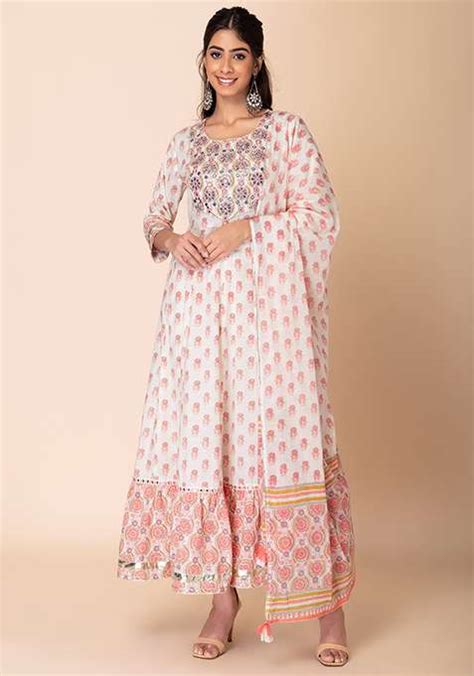 Buy Women Ivory Floral Print Cotton Anarkali Kurta With Printed Pants