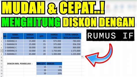 Cara Paling Mudah Menghitung Diskon Di Excel Menggunakan Rumus If Youtube