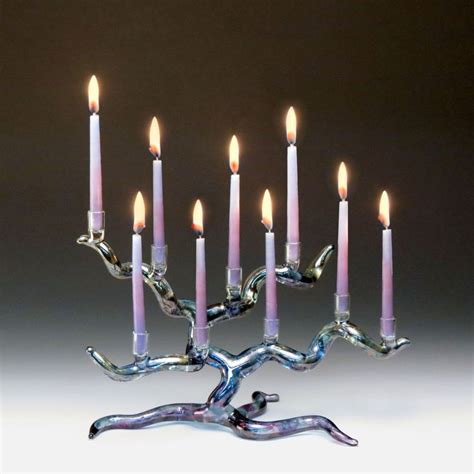 Tree Of Life Menorah In Blue By Bandhu Scott Dunham Art Glass Menorah Artful Home Menorah