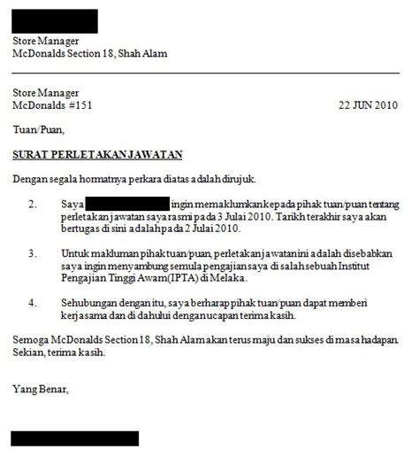 Contoh Surat Rasmi Berhenti Kerja Jam Contoh Surat