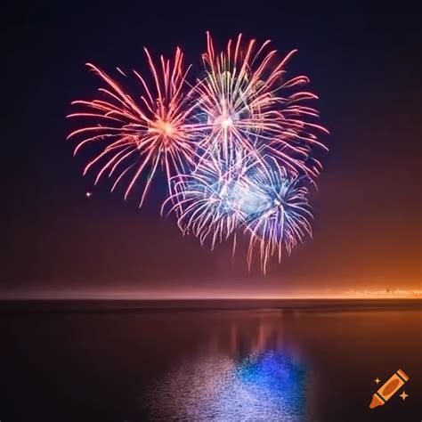 Fireworks Lighting Up The Night Sky Over A Peaceful Beach On Craiyon