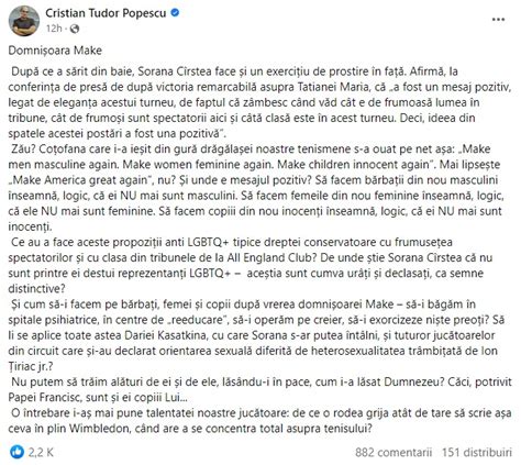 Playsport Cristian Tudor Popescu atac devastator la Sorana Cîrstea