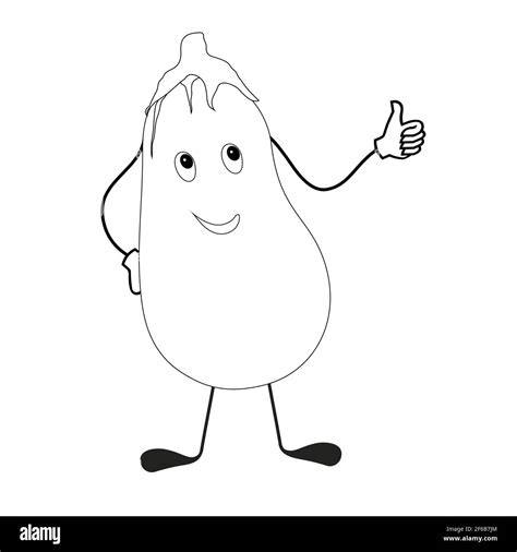 Line drawing. An enthusiastic, joyful eggplant cartoon-style character ...