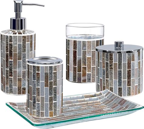 Kmwares Decorative Mosaic Glass Bathroom Accessories Set 5pcs Includes Hande Soap