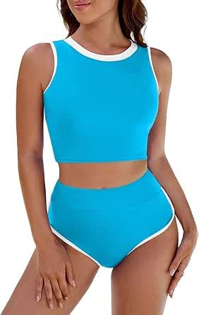 Amazon Pink Queen Women S High Waisted Bikini Sets Crew Neck