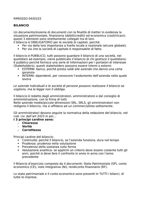 Economia Aziendale Int RIPASSSO 04 03 BILANCIO Un Documento Insieme