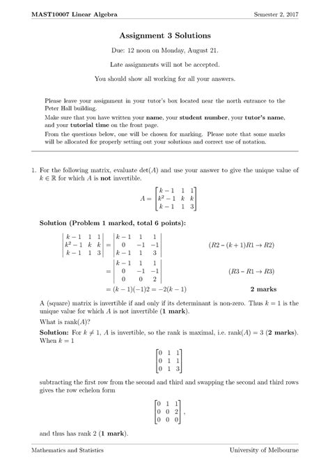 Lin Alg Assignment S Solutions Mast Linear Algebra