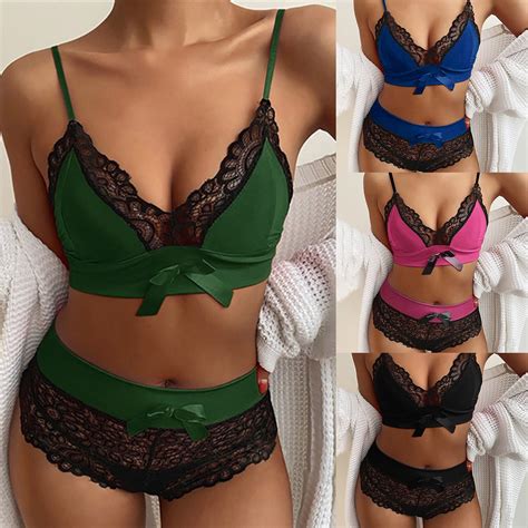 Reheyre High Waist Lace Patchwork Bowknot Spaghetti Strap Bra And Briefs Set With Push Up