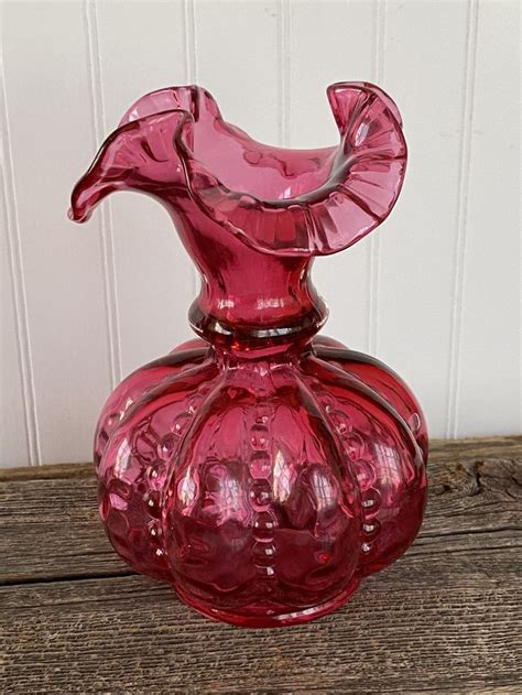 Vintage Cranberry Glass Vase Fenton Ruffled Dotted Etsy Cranberry