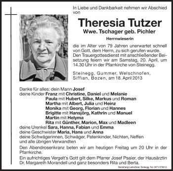 Traueranzeigen Von Theresia Tutzer Trauer Bz