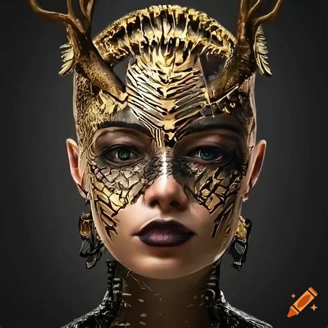 Futuristic Portrait With Gold And Black Colors Detailed Eyes And