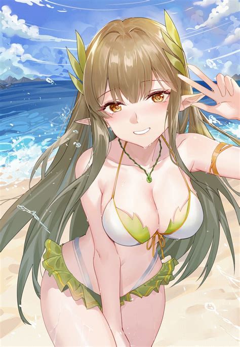 Hongbaise Raw Muelsyse Arknights Arknights Highres 1girl D Arm Up Beach Bikini