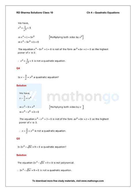 Rd Sharma Class 10 Solutions Chapter 4 Quadratic Equations Pdf Download