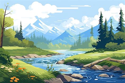 Premium Vector A River Running Through A Lush Green Forest