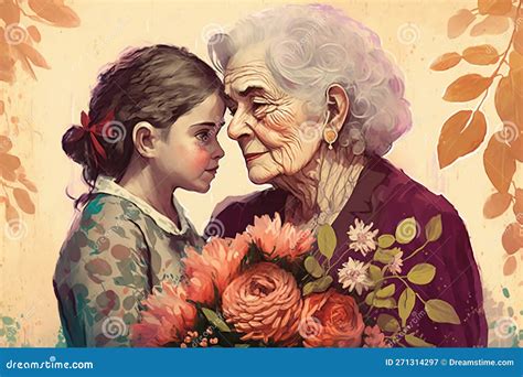 Smiling Grandmother Hugging Her Granddaughter Vector Illustration On