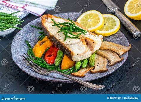 Grilled Halibut Steak with Vegetables Stock Image - Image of halibut ...