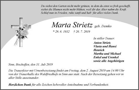 Traueranzeigen Von Marta Strietz Vrm Trauer De